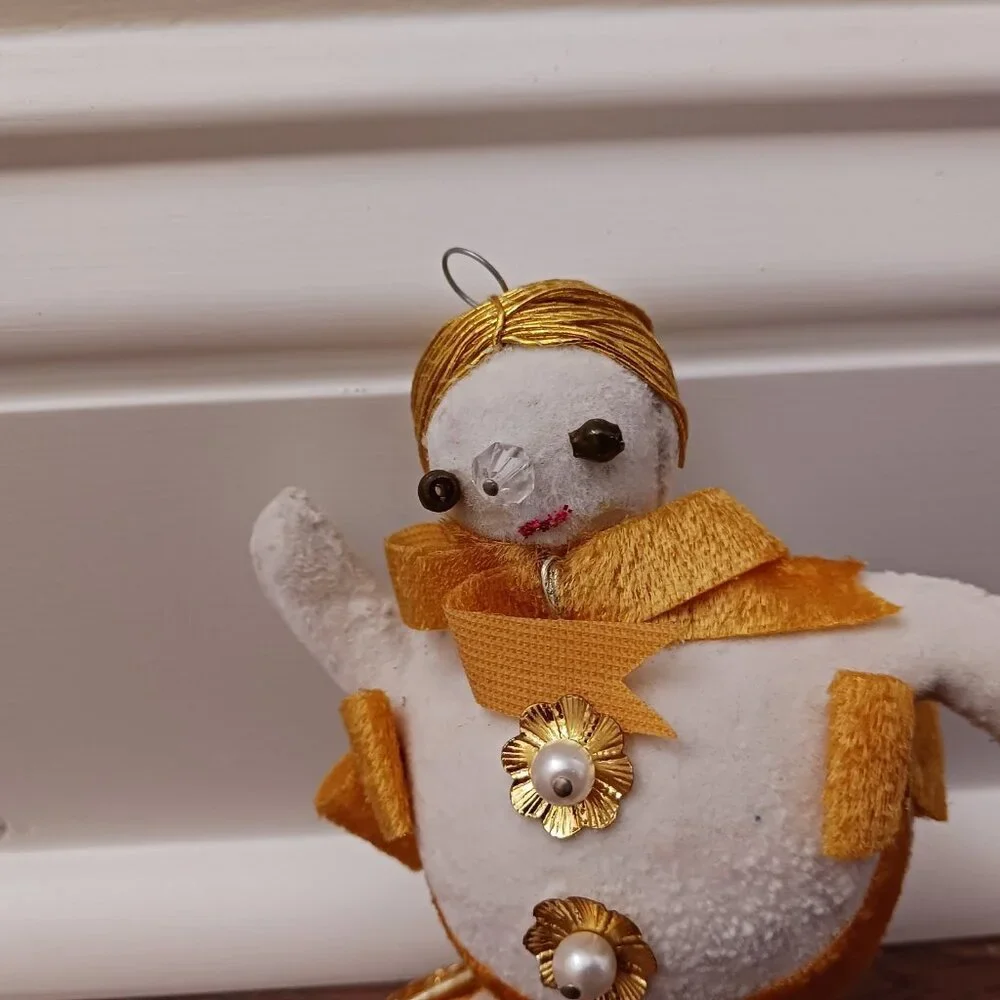 Vintage Flocked‎ Snowman White Gold Snowshoes Dancing Ornament 4.5